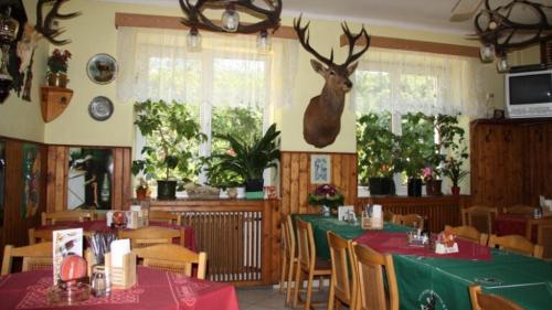 Kysibl KyselkaHotel a restaurace Na Špici的餐厅设有绿桌布和墙上的鹿头