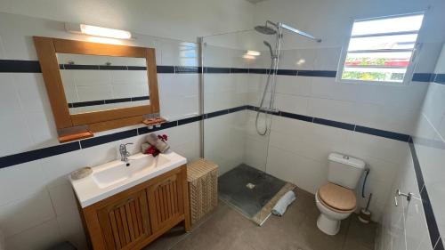 三河市Suite Spacieuse 4 étoiles 77m2 vue mer Les Saintes的一间带水槽、淋浴和卫生间的浴室