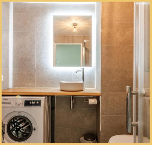 Collonges-sous-SalèveAppartement T2 Moderne Neuf Collonge的一间带洗衣机和水槽的浴室