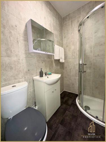 曼海德Minehead Suite的浴室配有卫生间、盥洗盆和淋浴。