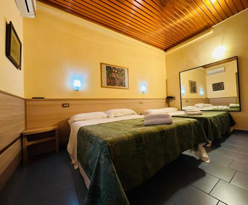 米兰尼萨酒店的带大镜子的客房内的两张床