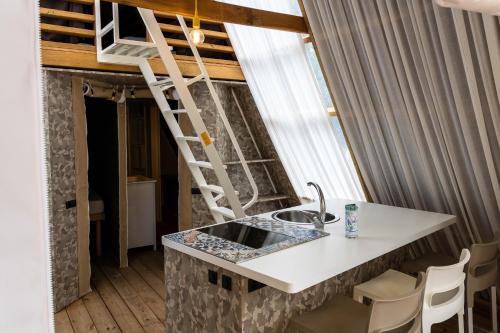 拉科纳Casa Dei Prati Camping Village的一间厨房,内设水槽和梯子