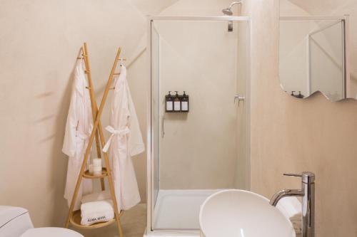 莫雷洛斯港Alma Maya Resort的带淋浴、卫生间和盥洗盆的浴室