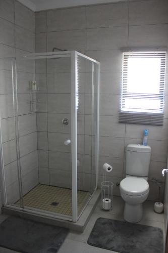 斯瓦科普蒙德4499 Desert Rose的带淋浴、卫生间和窗户的浴室