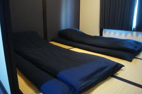Nishinotōindōri花田屋HANADAYA的配有蓝色床单的客房内的两张床