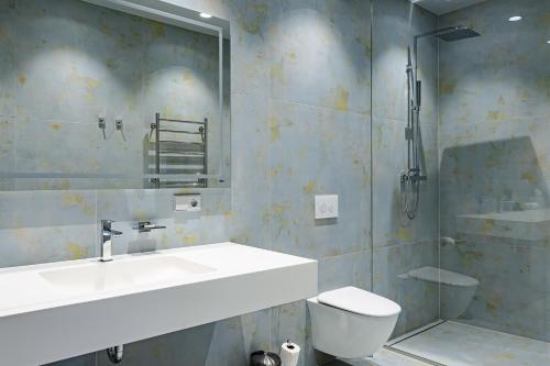 利耶帕亚Roze Peldu Residence的一间带水槽、卫生间和淋浴的浴室