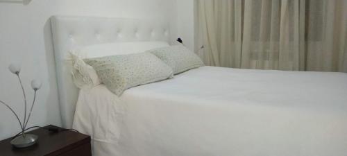 马德里Habitaciones individuales en apartamento turístico的白色的床、白色床单和枕头