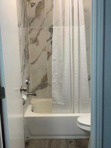 彭萨科拉HomeStay Lodge的带浴缸、卫生间和淋浴的浴室。