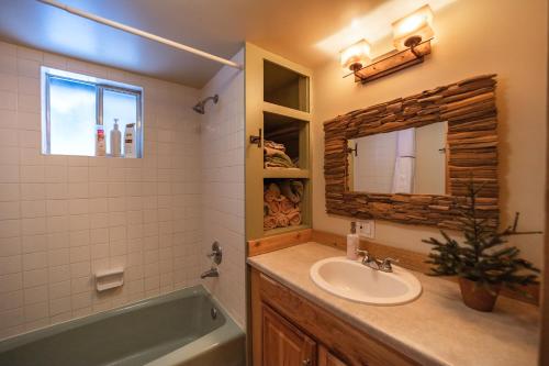莱文沃思Leavenworth Mountain View Cabin w/ Space to Hike的一间带水槽、浴缸和镜子的浴室