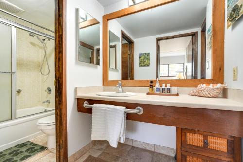考纳卡凯Kaunakakai Home at Molokai Shores with Pool!的一间带水槽、卫生间和镜子的浴室