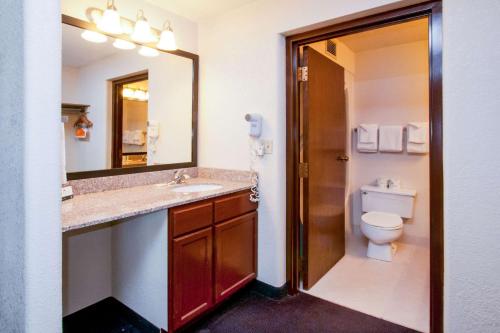 绿湾体育馆区品质宾馆的一间带水槽、卫生间和镜子的浴室