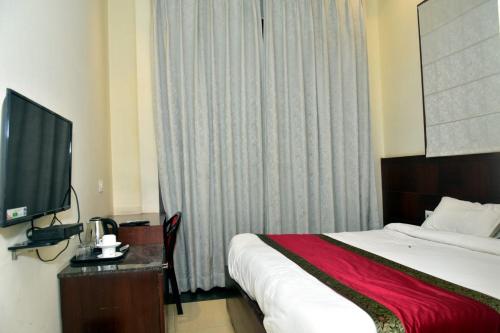 瓦拉纳西Hotel Atlantis的配有一张床和一台平面电视的酒店客房
