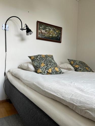 沃卡蒂Tyylikäs koko perheen huoneisto的一张带两个枕头的床和一盏灯