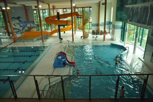 戈莱纽夫Hostel na Fali的一个带滑梯的大型室内游泳池