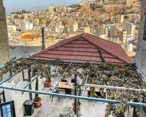 安曼Villa Mira Guesthouse - Downtown Central Amman - AL DIYRIH的屋顶上植物建筑的景色