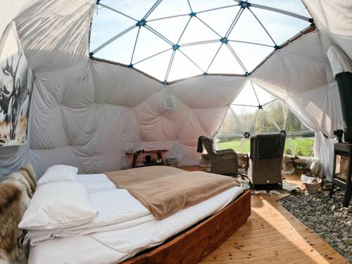 拉克塞尔夫Wild Caribou Dome的帐篷内一间卧室,配有一张大床