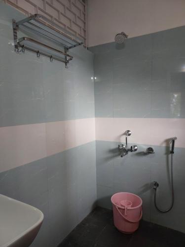 古瓦哈提Riverview Guest House的一间带卫生间、水槽和水桶的浴室