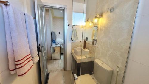 帕尔马斯Espetacular apartamento no centro的一间带卫生间、水槽和镜子的浴室