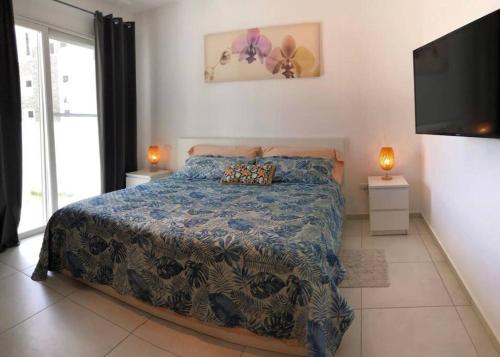 拉古纳Estrella Dominicus con hermosa piscina!的一间卧室配有一张床和一台平面电视