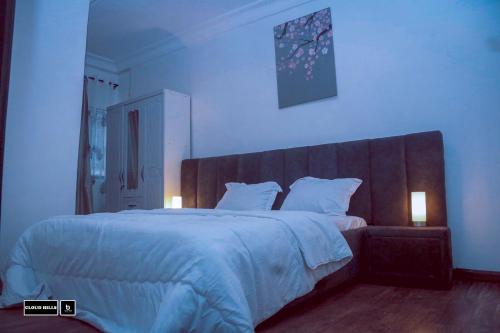 BueaCloud Hill的卧室配有一张带白色床单和枕头的大床。