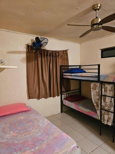波拉波拉Raihei Auberge de jeunesse Chez l'habitant à Bora Bora的客房设有两张双层床和吊扇。
