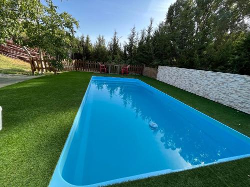 乌夫里克Casa rural Huertas de Ubrique的草地庭院中的蓝色游泳池