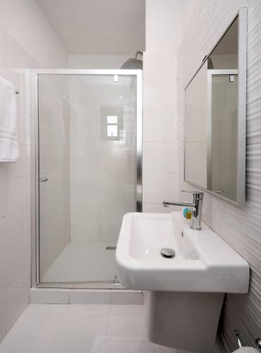 莱基Nicotel Apartments的白色的浴室设有水槽和淋浴。