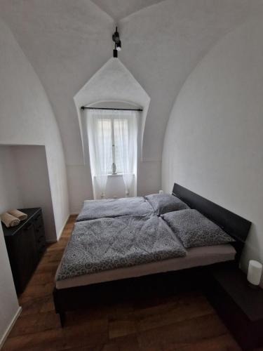 伊钦Apartmán Anežka 3 s vířivou vanou的一间卧室设有一张床和一个窗口