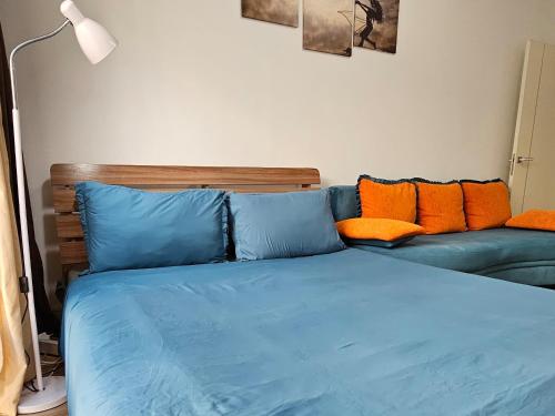 阿拉木图Abay 130的一张带橙色枕头的蓝色床和一张沙发