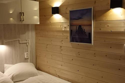 吉福蒙尚波贝尔Ma maison sur L'eau - Lac du Der的一间卧室设有木墙、一张床和一张照片