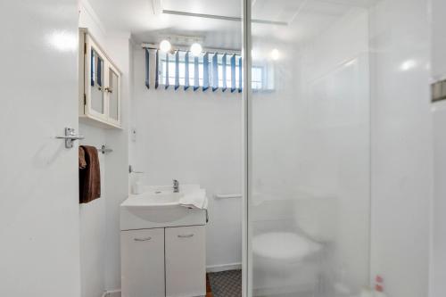 罗托鲁瓦Lakeview Small Studio的带淋浴和盥洗盆的白色浴室