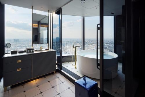 东京BELLUSTAR TOKYO, A Pan Pacific Hotel的带浴缸的浴室,享有城市美景。