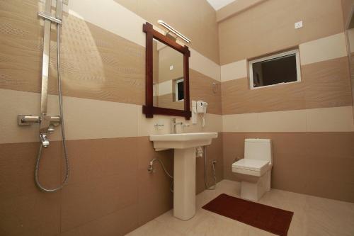 蒂瑟默哈拉默Yala River Front Hotel & Restaurant的一间带水槽、淋浴和卫生间的浴室