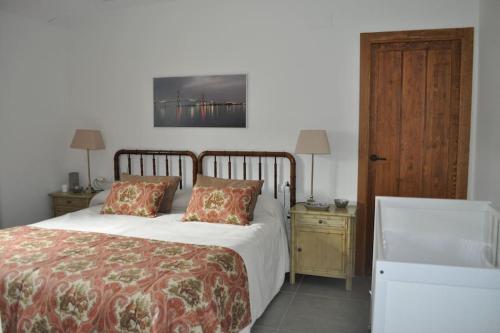 科尔多瓦Casa rural La Liñana的一间卧室配有一张床,还有两个带两盏灯的床头柜