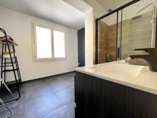 卡尔卡松Maison Bleue ※ Carcassonne的一间带水槽和镜子的浴室