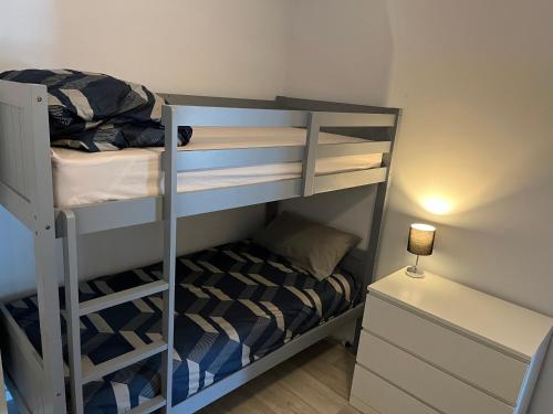 朱里恩湾Jurien Beachfront Chalets的一间卧室设有两张双层床和床头柜。