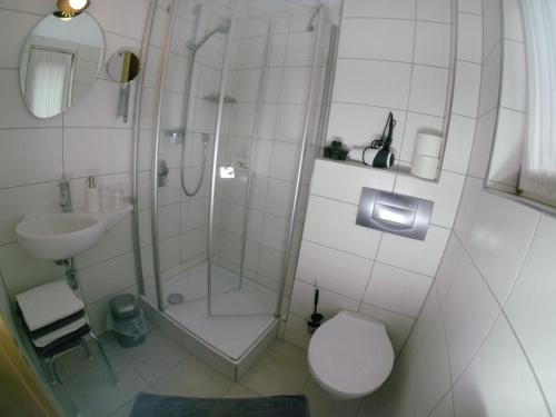 斯堪肯塞尔Haus 1 Hanselishof - 2 Wohnungen的带淋浴、卫生间和盥洗盆的浴室