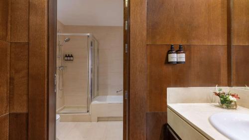 阿兰约兹帕拉西奥亚兰珠斯NH精选酒店的浴室配有水槽、淋浴和浴缸。
