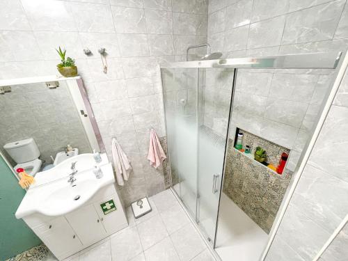 里斯本Lisbon at your Doorstep - Bedrooms的带淋浴和盥洗盆的浴室
