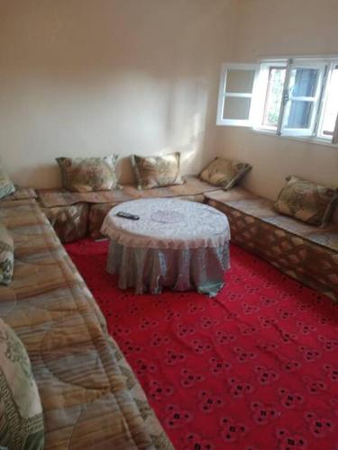 贝尼迈拉勒appartement au centre ville的一间铺有红地毯的沙发间
