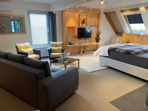 明斯特SMC Muenster的一间卧室配有一张床、一张沙发和一台电视。