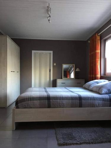 列日Le calme de la prairie de liège的一间卧室配有一张大床和镜子