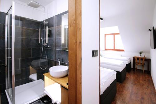 HorákovPenzion u Zajíčku的一间带两张床、淋浴和盥洗盆的浴室