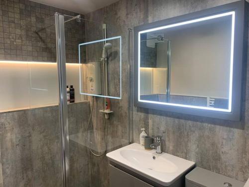 BroadheathComfortable ground floor, 2 BR modern Apartment的浴室配有盥洗盆和带镜子的淋浴