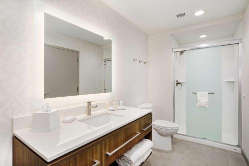 约翰逊城Home2 Suites By Hilton Johnson City, Tn的一间带水槽、卫生间和镜子的浴室