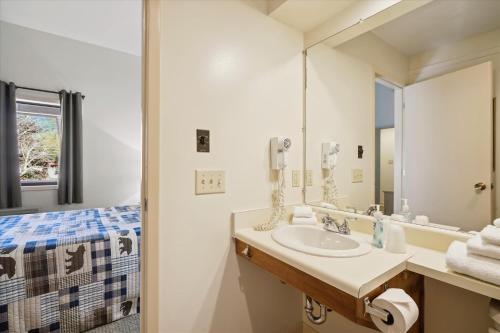 基灵顿Cedarbrook Deluxe Two Bedroom Suite with outdoor heated pool 21202的一间带水槽和镜子的浴室