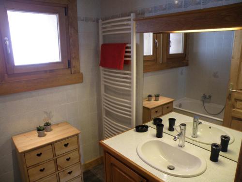 莱热Appartement Les Gets, 3 pièces, 5 personnes - FR-1-671-92的一间带水槽、镜子和淋浴的浴室