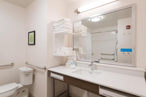 费耶特维尔Hampton Inn and Suites Fayetteville, NC的一间带水槽、卫生间和镜子的浴室