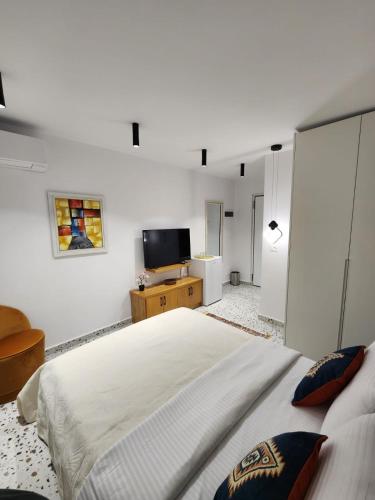 地拉那Pietro Guesthouse 3的一间卧室配有一张大床和电视