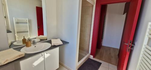 圣艾米隆Rouge et Vin的一间带水槽和红色门的浴室